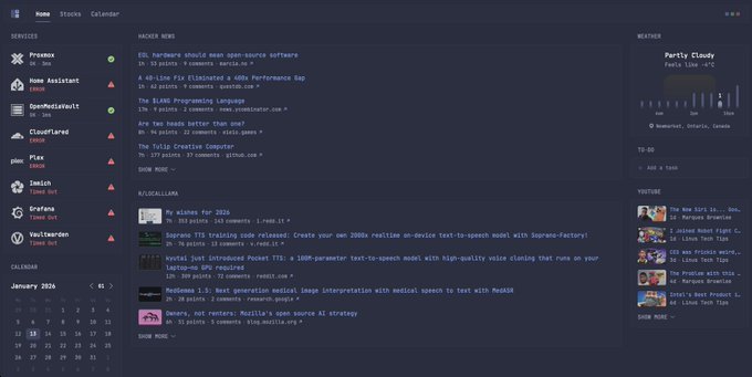 Glance dashboard showing Hacker News, r/LocalLLaMA, and other widgets